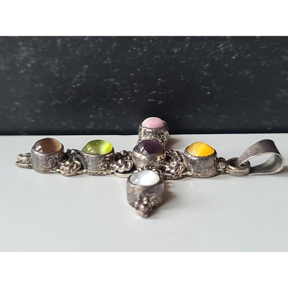 925 Sterling Silver Cat's Eye Cross Pendant Vintage Mexico - Picture 4 of 10